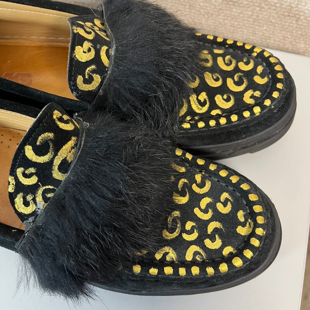 Joyks Black Metallic Gold Fur Accent Slip On Chunky Loafers Size 39 US 9 - Picture 3 of 7